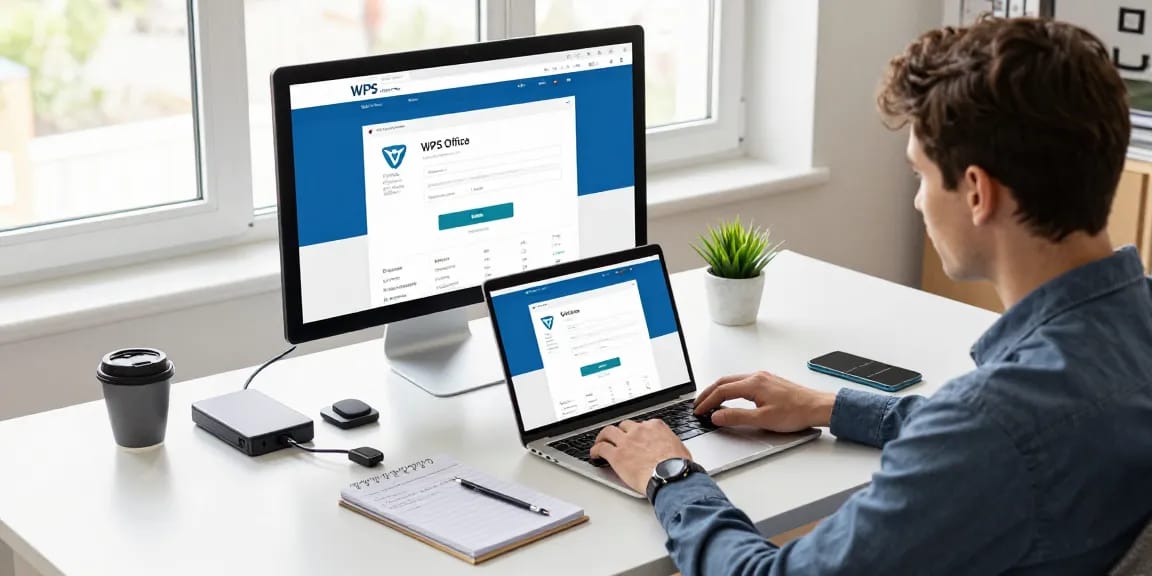 WPS Download for office productivity software on a modern laptop in a bright workspace