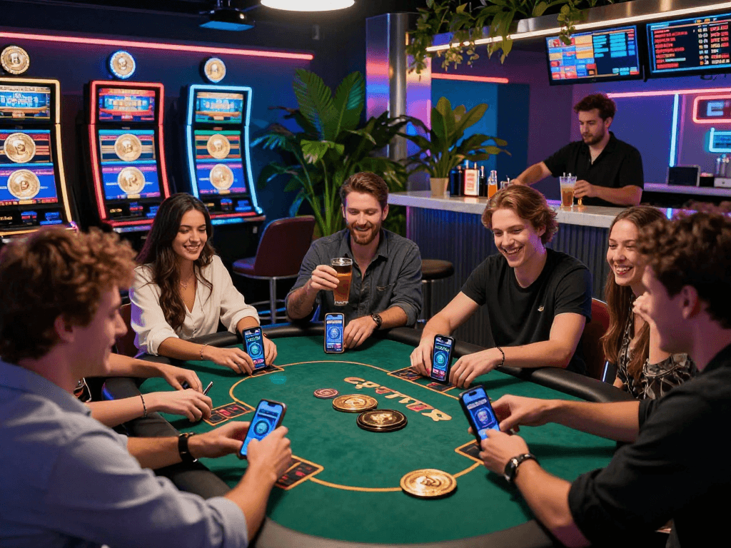 Engaged players enjoying a crypto casino experience with digital poker tables and neon lights.