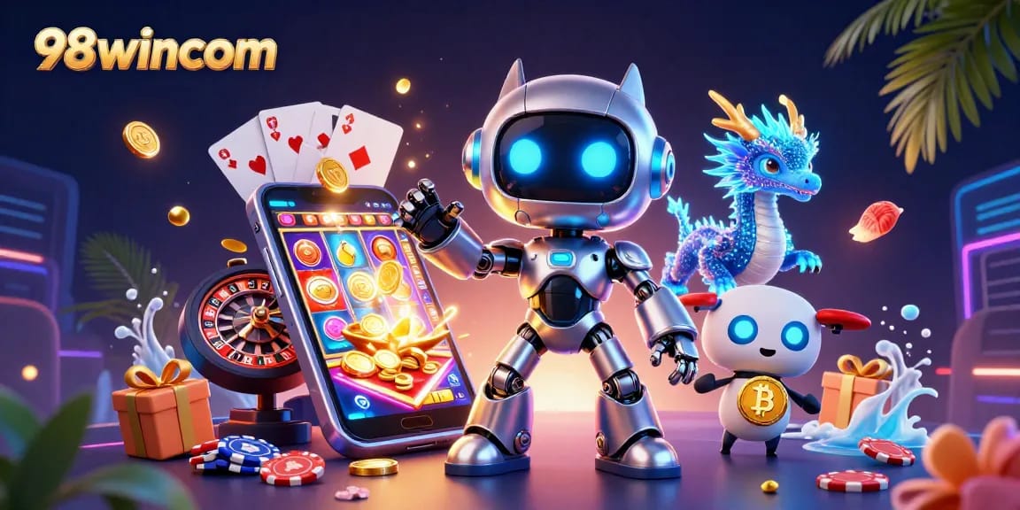 Engage with 98wincom through a vivid 3D casino scene featuring dynamic characters and games.
