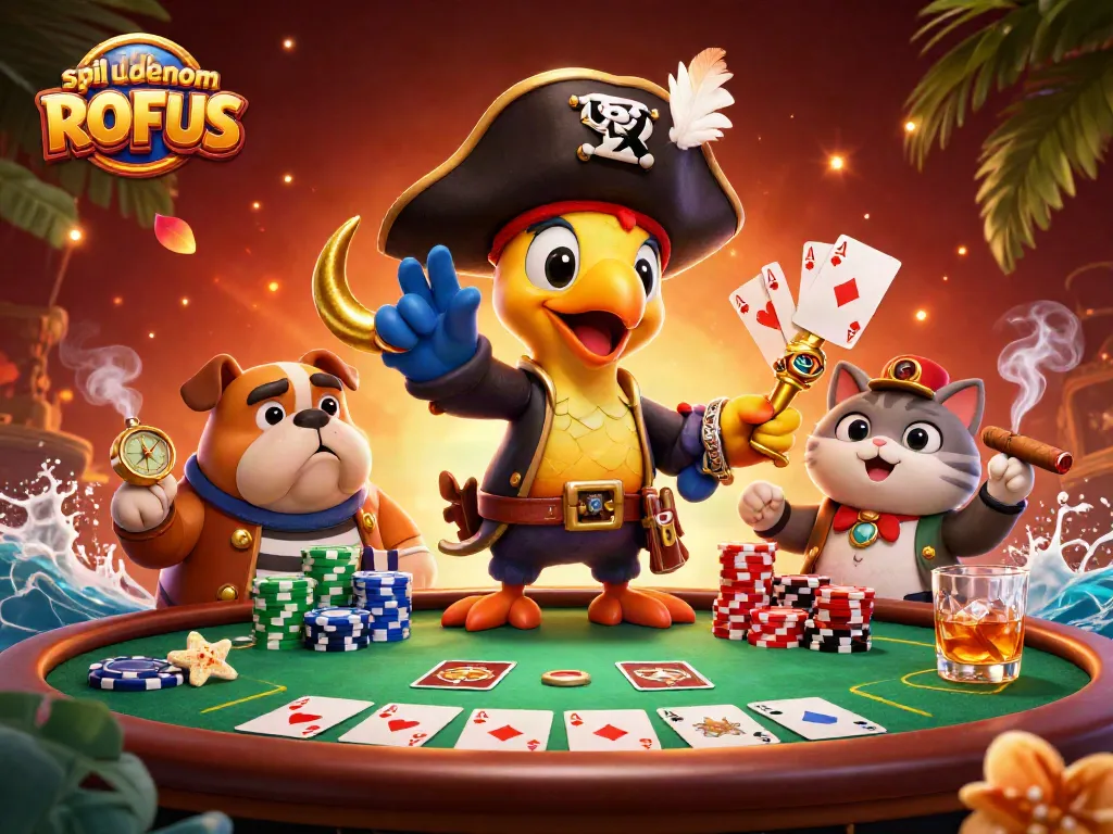 Engage in spil uden om ROFUS with vibrant 3D casino characters at a lively poker table.