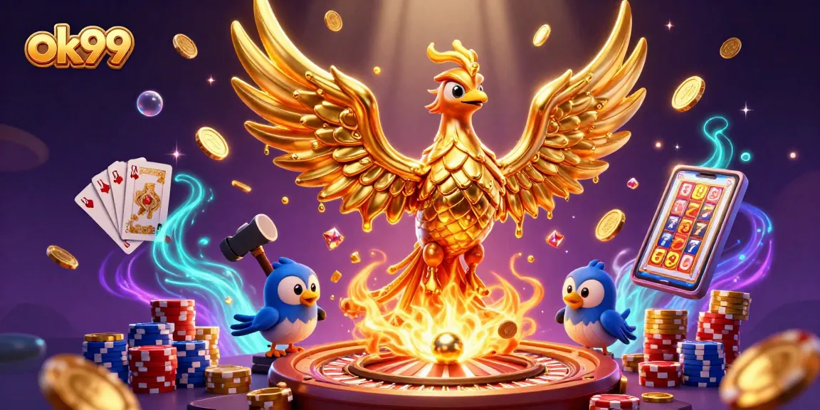 Experience the thrill of winning at ok99 with a vibrant scene of golden phoenixes and cascading coins!