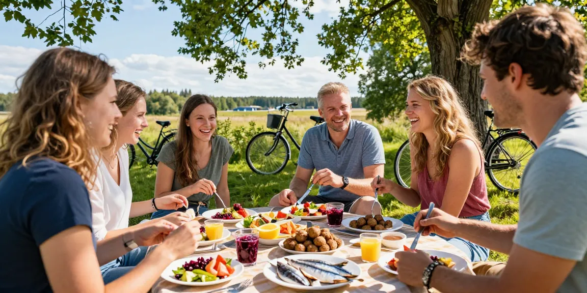 Upplev röda dagar 2026 med vänner under en picknick, fylld med traditionell svensk mat och en vacker naturmiljö.