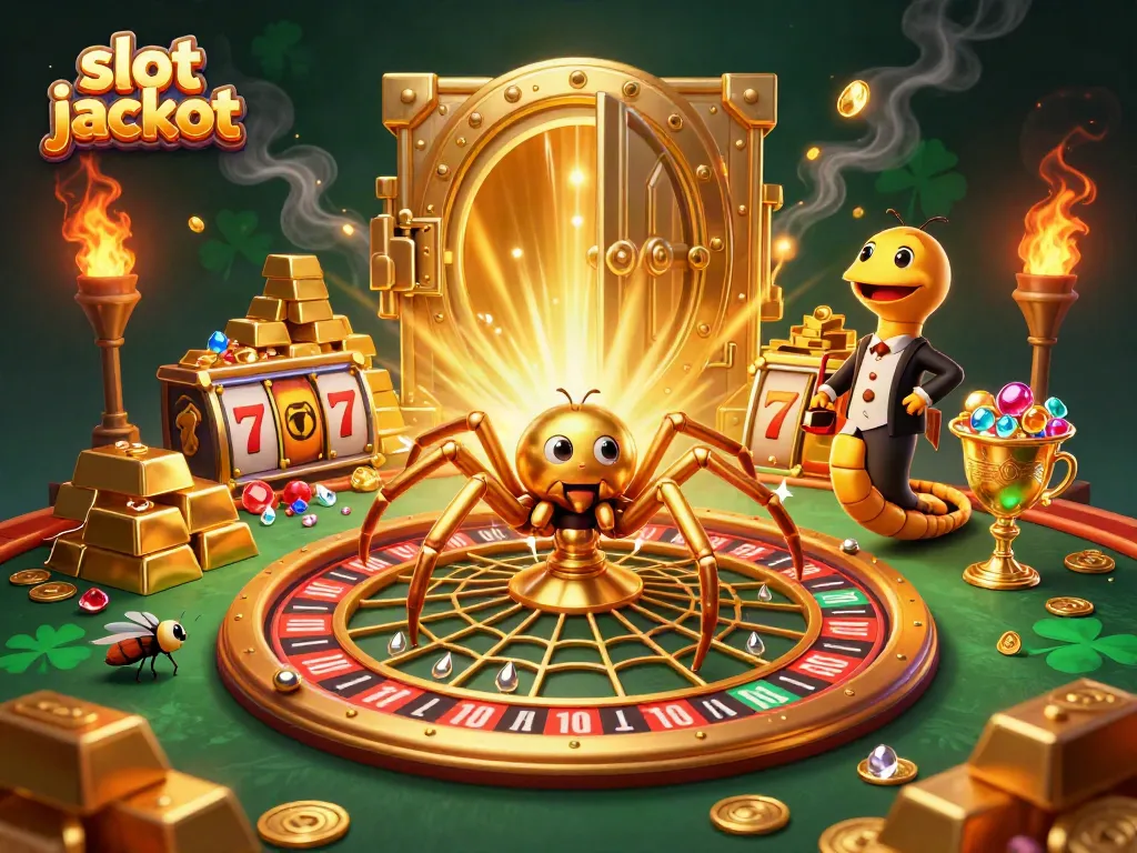 Experience the thrill of slot jackpots with a vibrant casino-themed illustration featuring golden treasures.