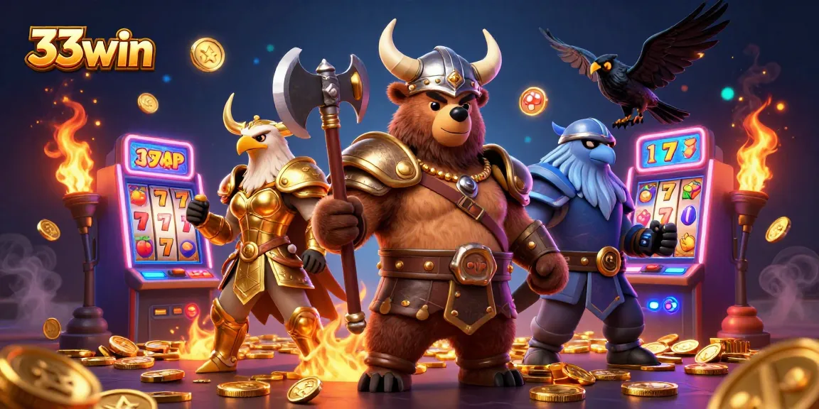 Experience the thrill of 33win with vibrant slot machines and dynamic characters in a casino-themed 3D illustration.