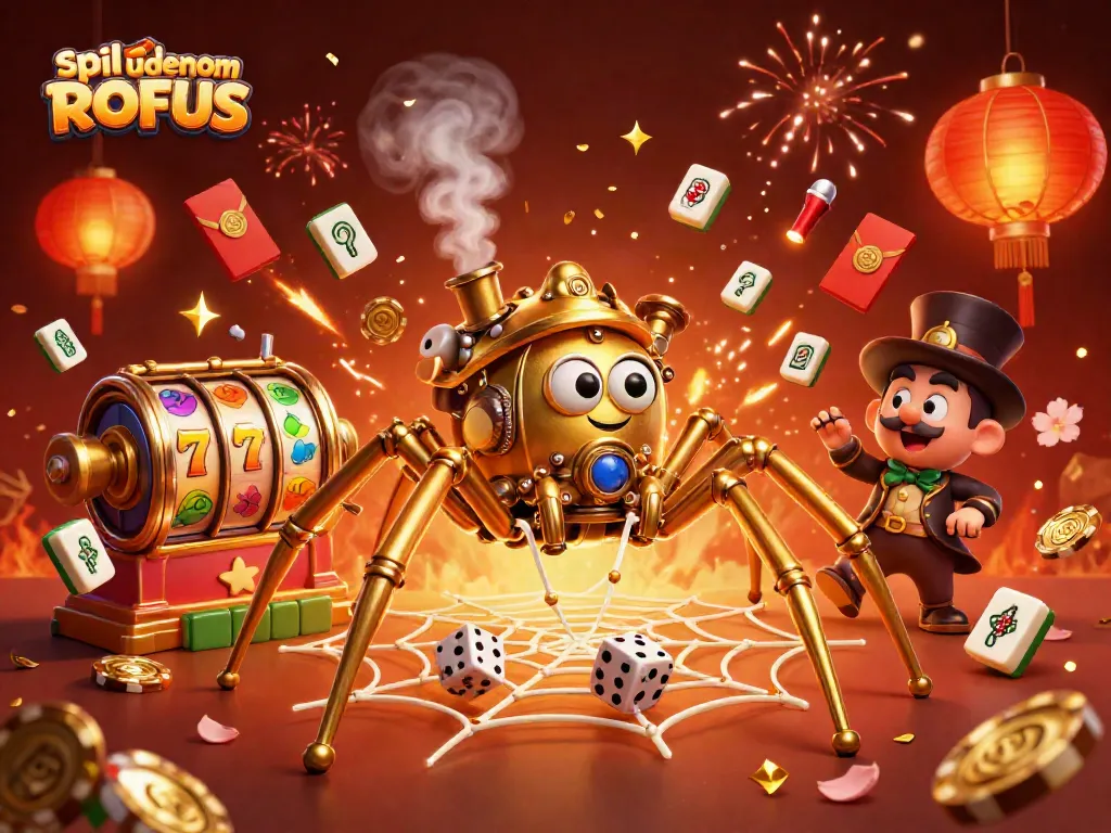 Engage in spil uden om ROFUS with exciting slot reels and steampunk elements in vibrant casino scene.