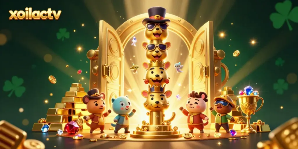 Xoilactv showcases a vibrant casino scene filled with golden treasures and animated characters.
