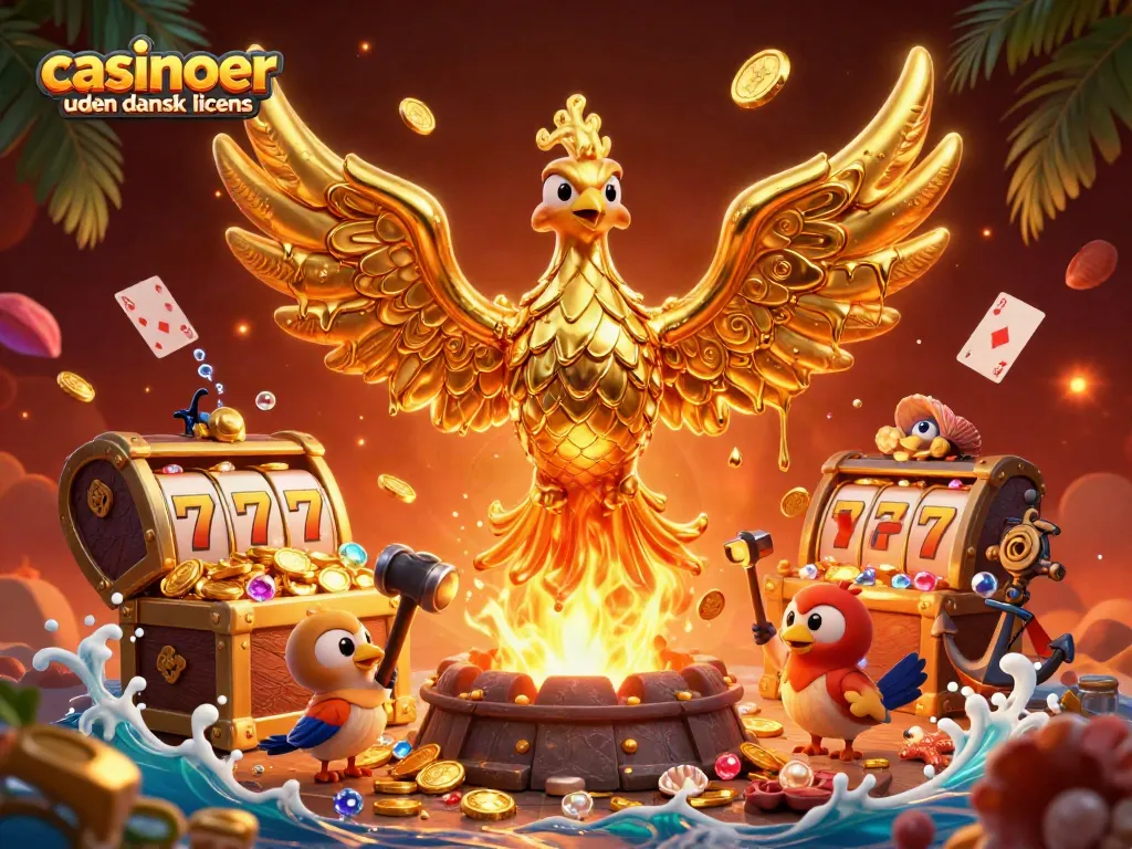 Experience thrilling gameplay with casinoer uden dansk licens, showcasing a golden phoenix and lucky slot reels.