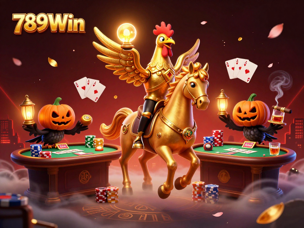 Experience the thrill of 789Win with golden rooster characters in a dynamic casino scene full of poker action.