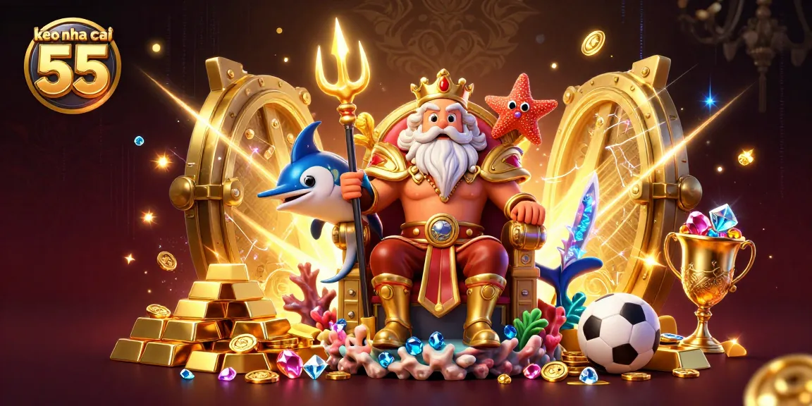Bet on keo nha cai 55 with vibrant illustration highlighting betting trophies and sports elements.