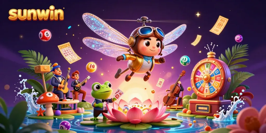 Experience vibrant casino action with sunwin's frog croupier and dragonfly pilot in this dynamic 3D scene.