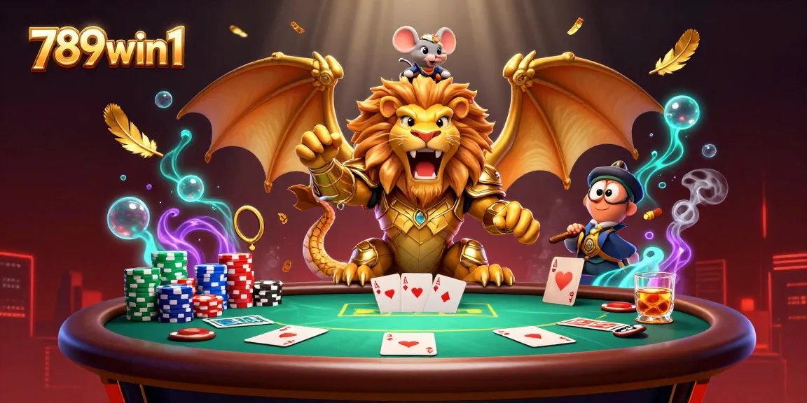 Experience thrilling poker action with 789win1, featuring a roaring chimera and vibrant elements.