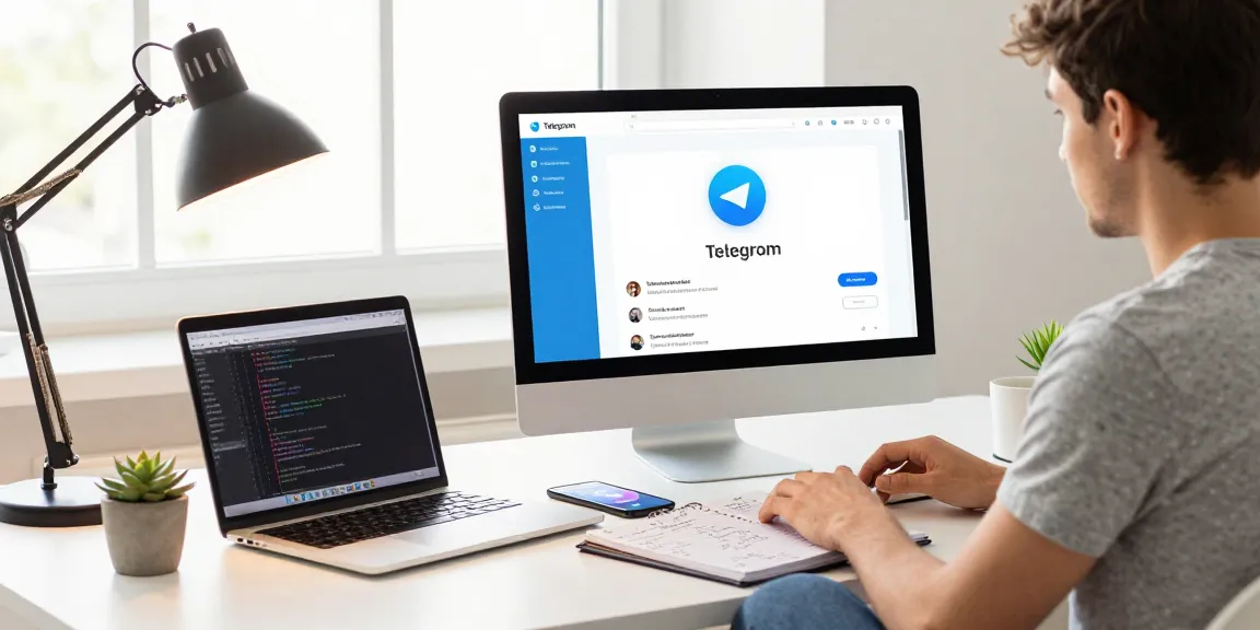 User engaged with the Telegram web version on a modern desktop setup in a bright workspace.