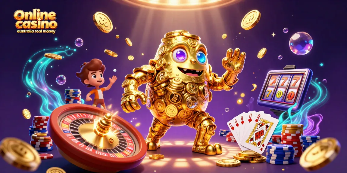 Join the excitement of online casino Australia real money with golden golem, coins, and slot reels.