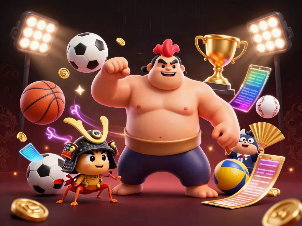 Dynamic U888 gaming illustration featuring sumo wrestler and samurai cricket in a vibrant casino setting