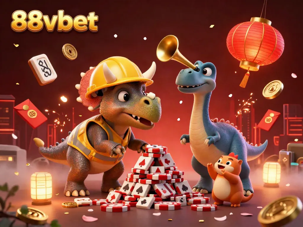 Engage with the vibrant 88vbet casino scene featuring playful dinosaurs in a festive atmosphere.