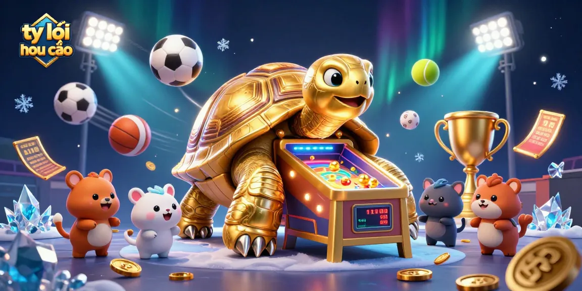 Engage with tỷ lệ nhà cái as dynamic sports balls and golden trophy come alive in this vibrant 3D illustration.