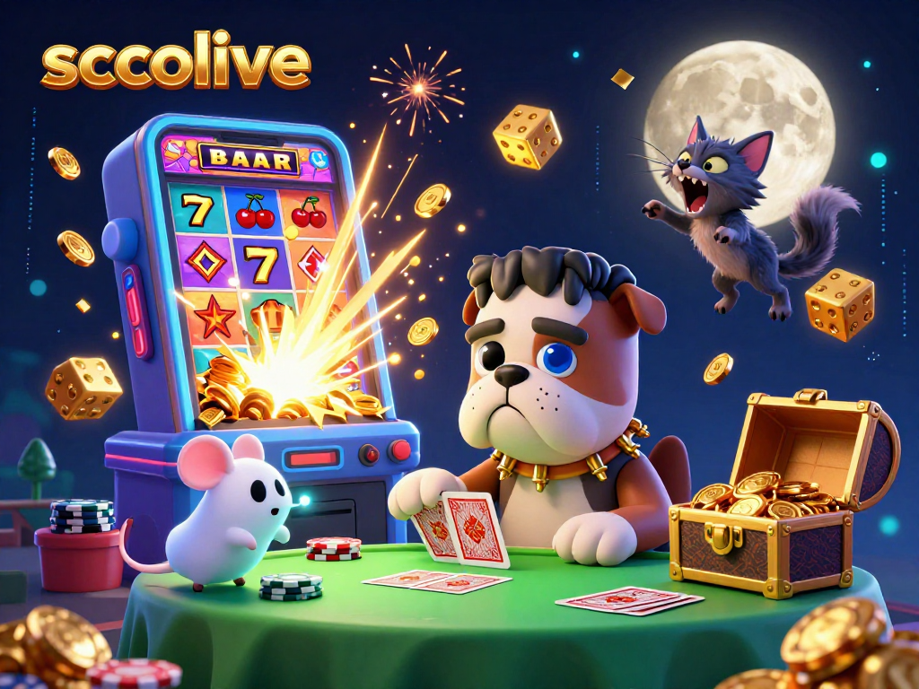 Experience excitement and play with socolive in this vibrant 3D gaming scene showcasing card games and jackpots.
