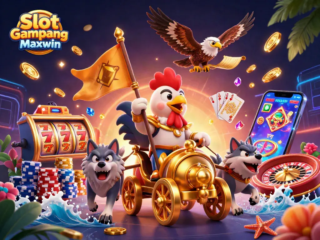 Engage with Slot Gampang Maxwin in this vibrant 3D casino illustration showcasing the excitement of slot machines, golden coins, and more.