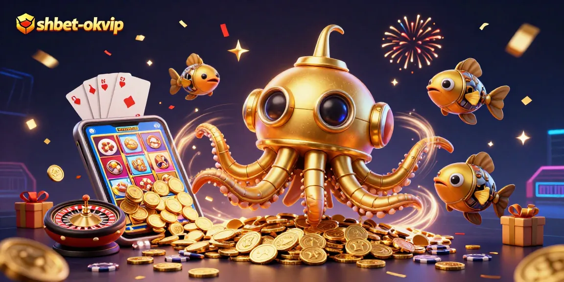 Engage with shbet-okvip as a golden kraken submarine surfaces in a sea of coins, showcasing an exhilarating casino experience.