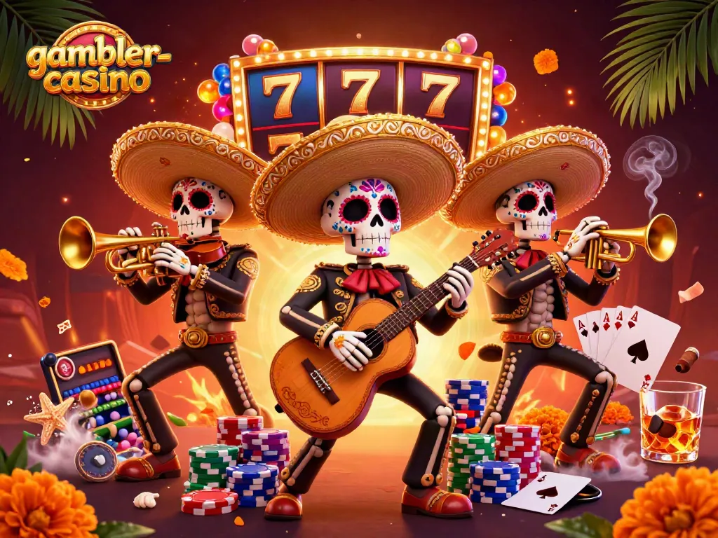 Spela på gambler-casino med sprudlande slotmaskiner och ett Mariachi-band i feststämning.