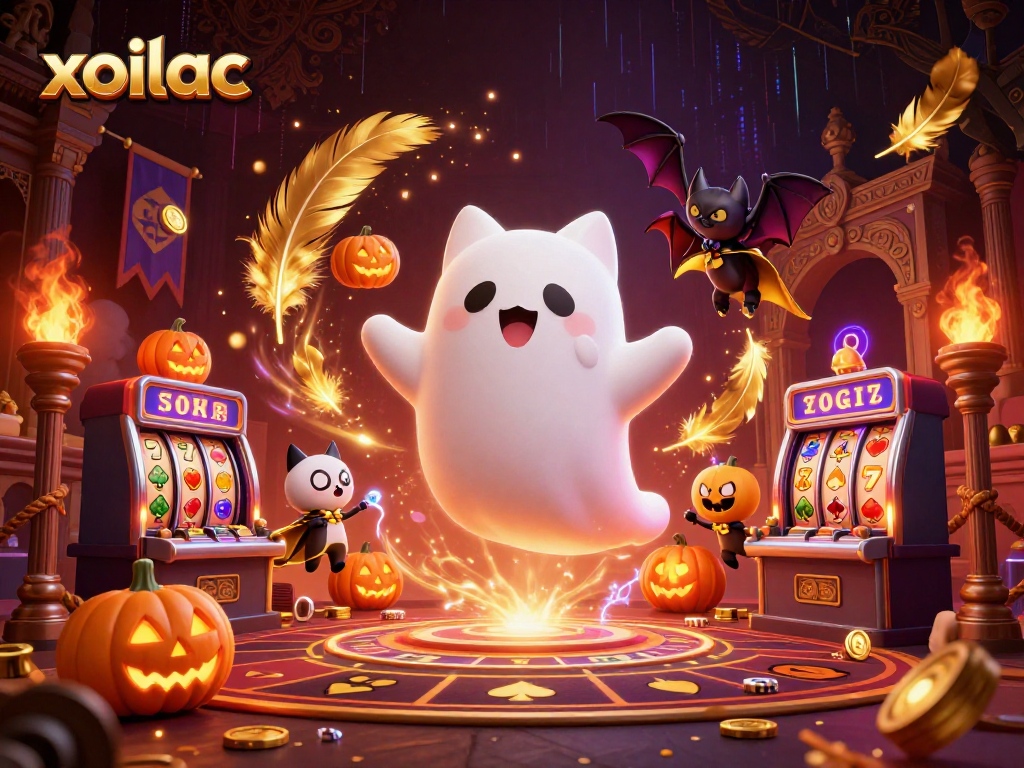 Xoilac showcases a 3D ghost cat maneuvering through a vibrant haunted casino, energizing players with thrilling jackpot potential.