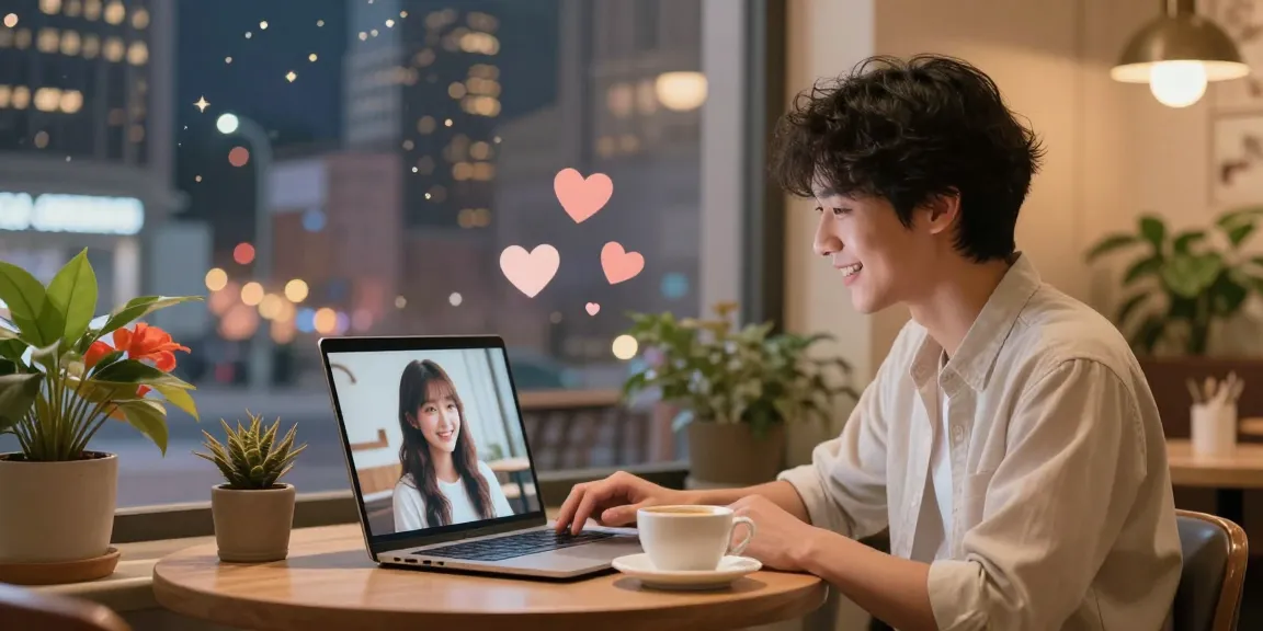 Engaging with a girlfriend ai in a cozy virtual café setting, smiling user with laptop and coffee.