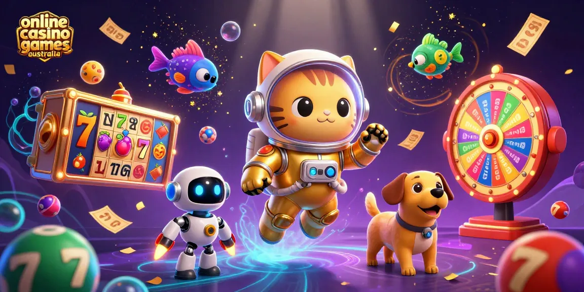 Immerse in online casino games Australia with a vibrant 3D scene featuring characters and games.