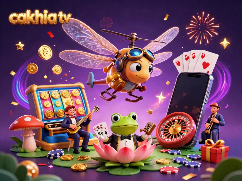 Experience cakhia tv with a vibrant 3D illustration showing a dragonfly pilot, frog croupier, and jazz musicians amidst casino elements.