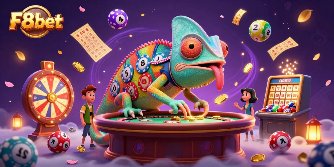 Experience thrilling gameplay at F8bet with a vibrant chameleon casino owner amidst exciting games and prizes.