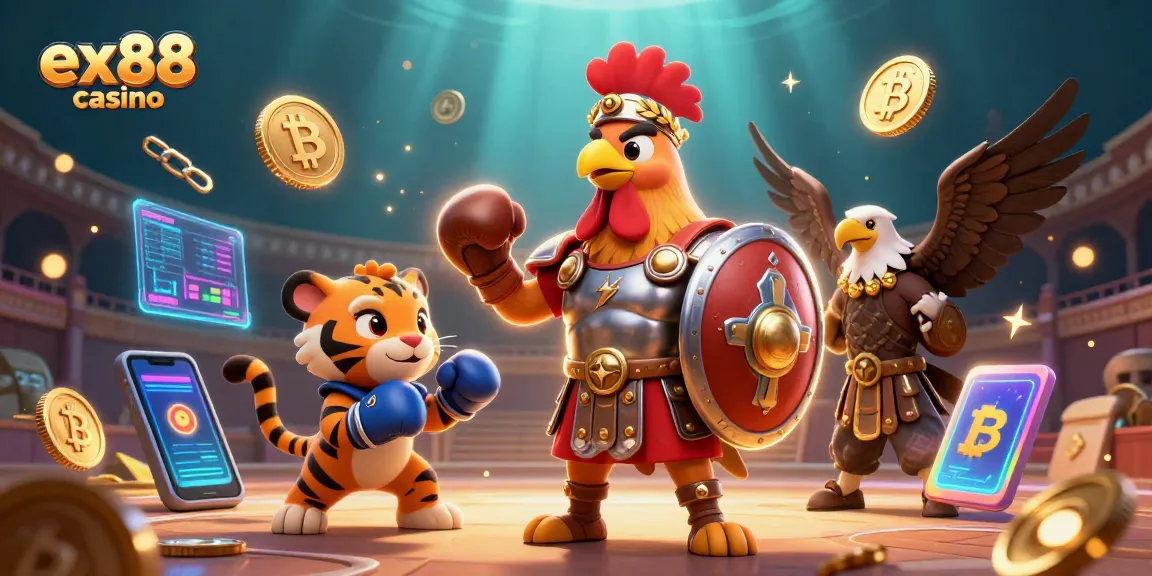 Engage in thrilling action at ex88 casino with a vibrant 3D illustration of animated characters and digital currency elements.