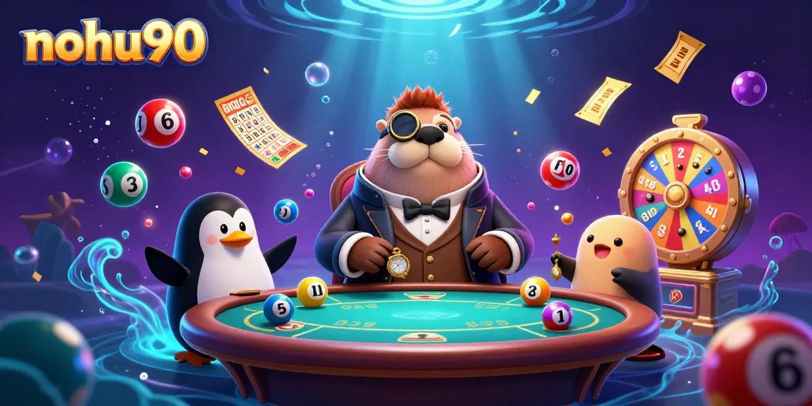 Nohu90 casino illustration showing walrus and friends playing poker with colorful elements.