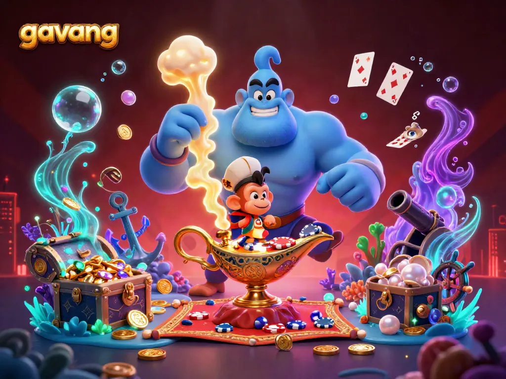 Experience thrilling gameplay at Gavang with a dynamic illustration of a genie and poker chips.