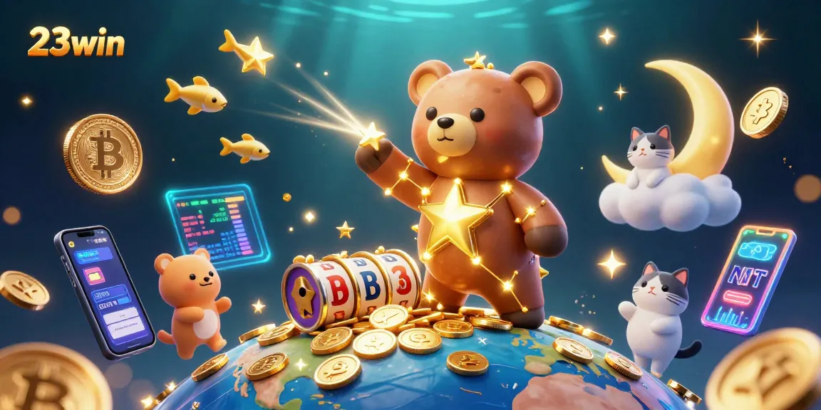 Experience the thrill of 23win with engaging slot reels and vibrant crypto coins.