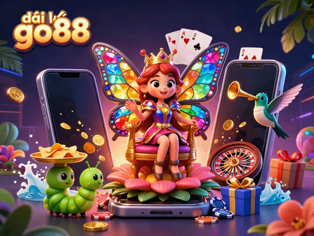 Engage with đại lý go88 in vibrant 3D illustration depicting a casino scene with colorful characters and elements.