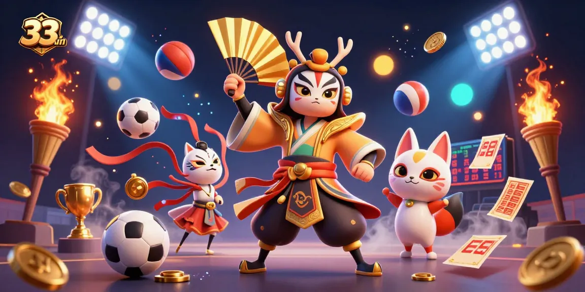 Engage in dynamic betting action with 33win's lively casino ambiance featuring vibrant characters and game elements.