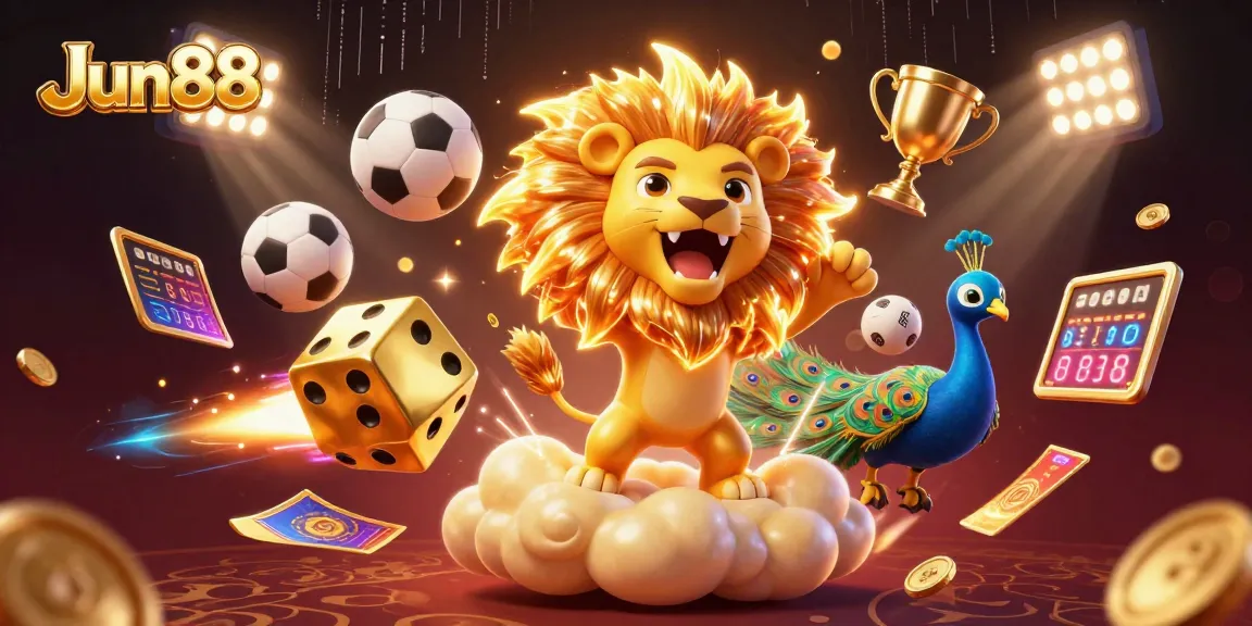 Experience thrilling sports betting at Jun88 with vibrant illustration of a triumphant lion and dynamic game elements.