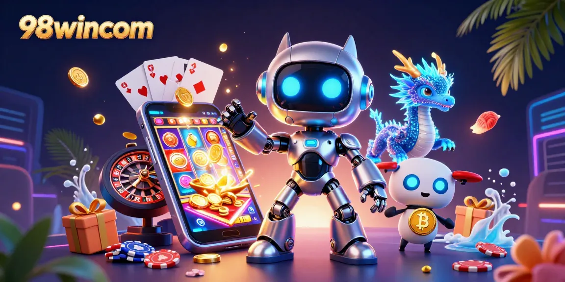 Engage with 98wincom through a vivid 3D casino scene featuring dynamic characters and games.