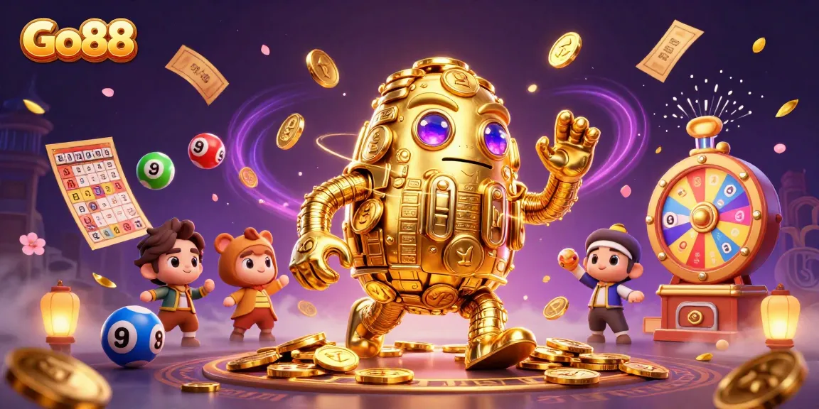 Join the fun at Go88 with vibrant gambling activities, featuring a golden golem and exciting lottery elements.