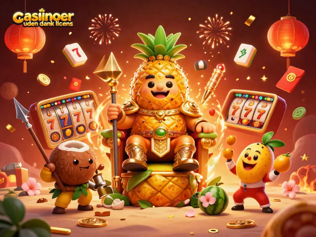 Engage with casinoer uden dansk licens through a vibrant scene featuring a pineapple king and dynamic gaming elements.